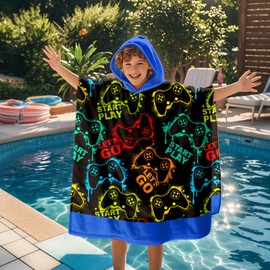 Kids Hooded Beach Towels Wrap for 2-6 Years,Cute Gamepad Theme Boys Swim Cover Up for Bathroom，27"x33" Quick Dry Black Bath Towel Poncho,Perfect for Travel Vacation,Pool Party,Swimming