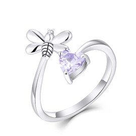 FJ Sterling Silver Women Bee Ring Open Animal Ring with Alexandrite (Adjustable Ring) (Size 12)