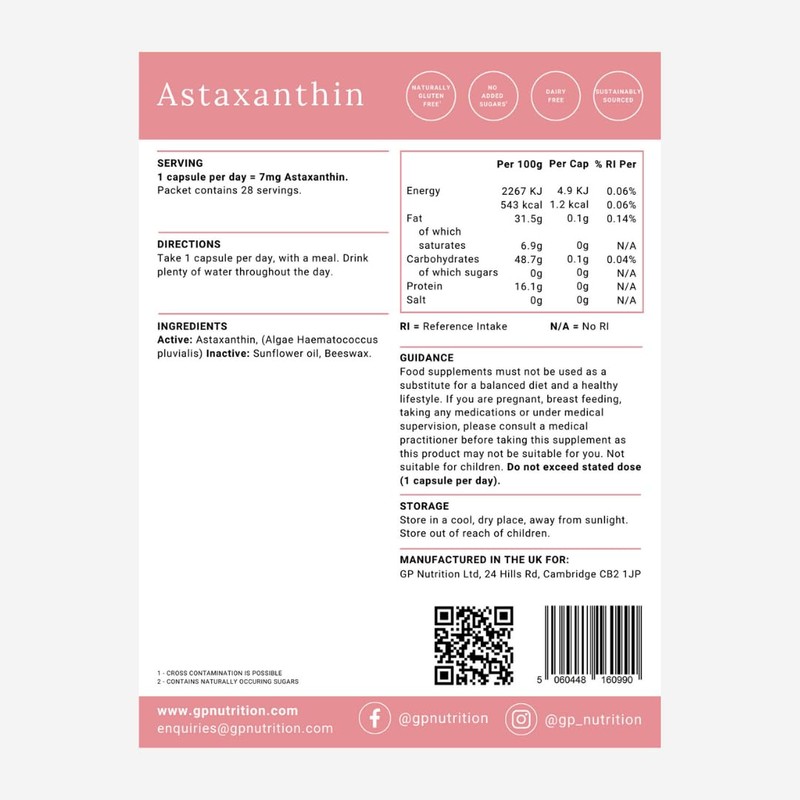 GP Nutrition Astaxanthin - Super Antioxidant Haematococcus Pluvialis, 100% Pure,