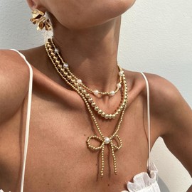 Atiptu Bow Necklace for Women Bohemian Gold Beaded Necklace Pearl Adjustable Layered Choker Chain Jewelry (Gold)