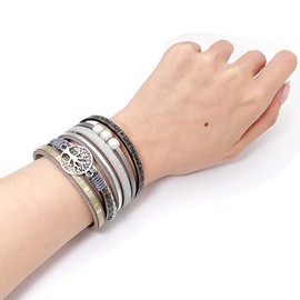 Chamqueen Magnetic Buckle Leather Braided Bracelet Boho Wrap Bangle for Women Gray