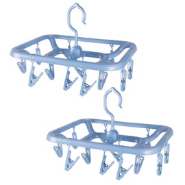Small Clip and Drip Hanger 2-Pack, Socks Hanger Underwear Hanger with 12 Clips & 360Â° Rotatable Hook, Hanger for Drying Towels, Bras, Baby Clothes, Gloves, Plastic Laundry Sock Drying Hanger, Blue