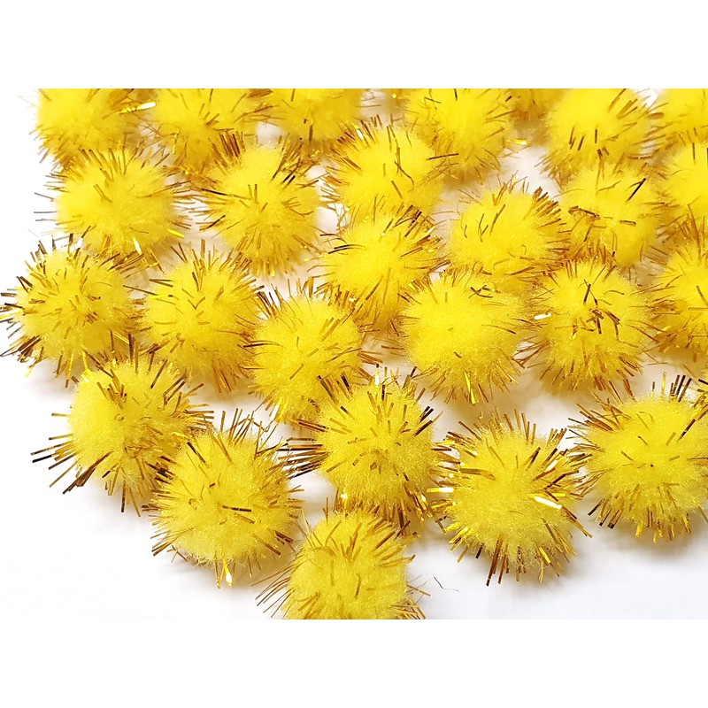 Pack of 100 Plush Pompoms with Gold Glitter, Round Pompom,