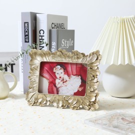 Yanoayimo Gold 3.5x5 Vintage Picture Frames Golden High Definition Glass Palm Leaves Elegant Retro European Design,Antique Picture Frame for Tabletop Stand or Hanging