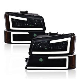 DOTCOM LED Headlights Assembly,Compatible with 2003-2006 Chevy Avalanche 1500 2500/Silverado 1500 2500 3500 & HD Models Headlamp,Driver & Passenger Side, Smoky Lens Black Housing Amber Reflector