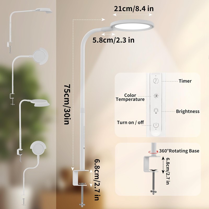 LED Desk Lamp with Clamp, Eye-Caring Desk Light with Sunshade