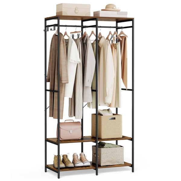 SONGMICS Clothes Rack, Iron and Wood Wardrobe Closet Organizer, Heavy