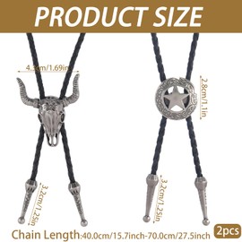chausa Set of 2 70 cm Cowboy Costume Men's Ties Tie Leather Chain Necklace Western Sheriff Star Accessories Bolo Tie Tie Wild West Cowboy Accessories for Parties and Wild West Costume Men, silver