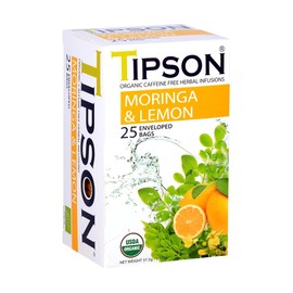 Tipson Organic Moringa Caffeine Free Herbal Tea - Lemon Flavor - 25 Premium Double Chambered Bags - Superfood - Keto/Paleo
