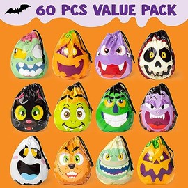 JOYIN - 60 bolsas de regalo con cordón de Halloween, bolsas de dulces o golosinas a granel en 12 lindos diseños de monstruos, pequeñas bolsas de regal