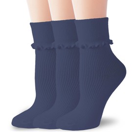 TZYDMN Womens Ruffle Socks Fashion Breathable Solid Color Turn-Cuff Cute Girls Ankle Socks 3 Pairs (Nvay)