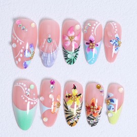 Colorful Flowers Press on Nails Medium Length Almond French Fake Nails 3D Cute Lily Floral False Nails with Rhinestone Beads Charms Design Nails Tiger Stripes French Tip Acrylic Nails for Women 24Pcs