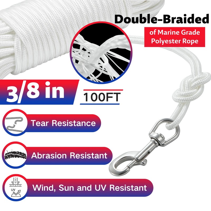 3/8”100Ft Flag pole Rope Kit, Polyester Halyard Flag Rope with