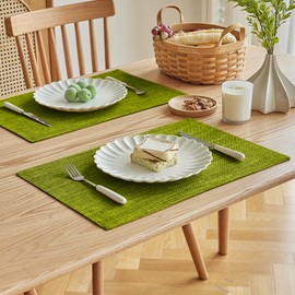Softalker Faux Linen Placemats Set of 6-12 x 18 Inch, Heat Resistant Double Layered Durable Burlap Farmhouse Place Mats, Non-Slip Washable Rustic Table Mats for Dining, Kitchen, Party（Lime Green