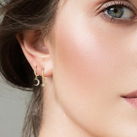 14K Gold Plated Sun and Moon Huggie Hoop Earrings Sterling Silver CZ Crescent Moon Drop Dangle Earrings Asymmetrical Earrings for Women Trendy