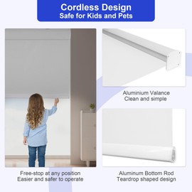 Allesin 100% Blackout Cordless Roller Shades for Windows,Thermal Insulated, UV Protection Waterproof Fabric Easy to Install for Home, Office, Bathroom, White W45 XH72