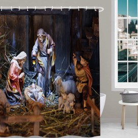 BaoNews Brown Christmas Christian Church Decor Shower Curtain,Brown Light Jesus Baby Polyester Shower Curtain for Shower Stall Bathroom Waterproof with 10 Hooks 60x72 Inch