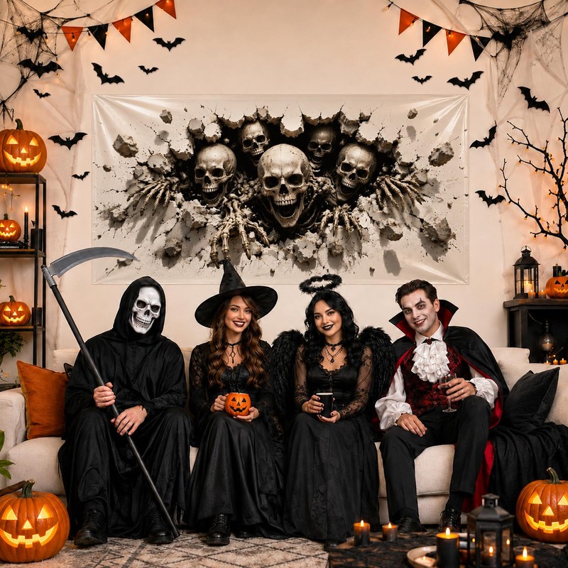 Halloween Decorations Outdoor, Plastic Backdrop 65" x 32.7", Skull Halloween
