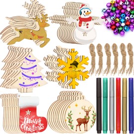 ZALALOVA Unfinished Christmas Wooden Ornaments, 166Pcs MSDS Approved Christmas Tree Ornaments 6 Styles Crafts Kit 33.6 Ft Jute Twine 50 Colorful Bells 6 Color Pens Christmas Crafts for Kids