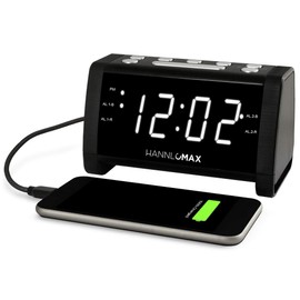 HANNLOMAX HX-147CR Alarm Clock Radio, PLL FM Radio, 1.4" White LED Display, USB Port for 2.1A Charging, Aux-in.