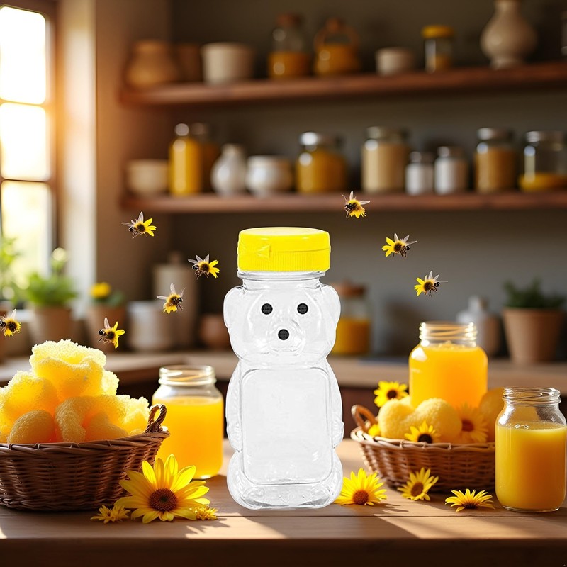 Yellow 8 Oz Plastic Bear Honey Bottle Jars, Empty Honey