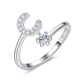 CRYSLOVE Women’s / Girls’ Letter Ring - 925 Sterling Silver - Open & Adjustable Initial Ring - A-Z Alphabet Rings with Gift Box, Silver, c