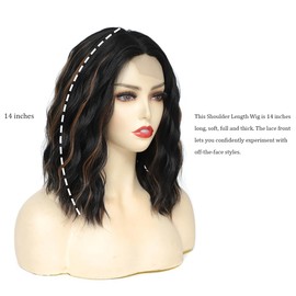 BUYOGET Medium Short Wig Wavy Bob Wig Realistic Natural Lace Front Scalp Adjustable Synthetic Shoulder Length Curly Wigs for Women Dark Brown mix Bleach Blonde