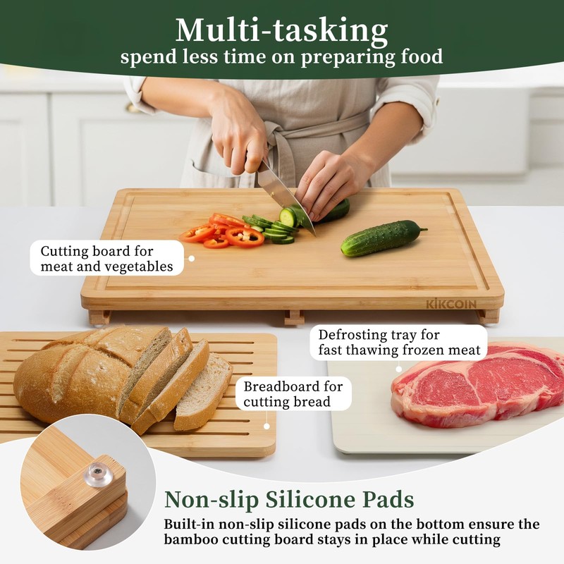 Kikcoin Bamboo Cutting Board Set with Defrosting Tray, Wood Cutting
