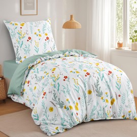 RUIKASI Bed Linen 155 x 220 cm 2-Piece Green - Duvet Cover Set with Floral Pattern, Bed Linen Sets 155 x 220 cm with 1 Pillowcase 80 x 80 cm Microfibre with Zip Soft and Non-Iron