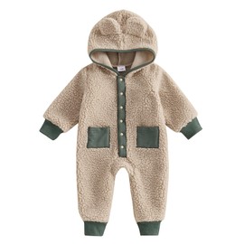 MAHUAOYIXI Toddler Newborn Baby Boy Winter Romper Snowsuit 0-18M Infant Boys Long Sleeve Contrast Color Button Up Full Length Hooded Zipper Closure Winter Fuzzy Fleece Jumpsuit (khaki, 3-6 Months)