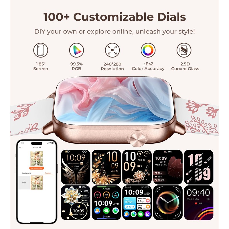 Smartwatch Damen mit Telefonfunktion, 1,85" Smart Watch für Android iOS,