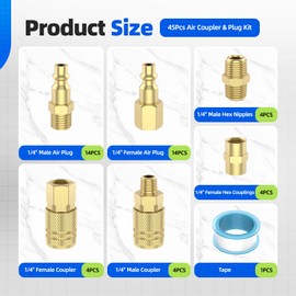 45Pcs Air Coupler & Plug Kit, Hoodutric 1/4" NPT Air Hose Fittings Set, Brass Air Tool Fittings Quick Connect Air Compressor Accessories