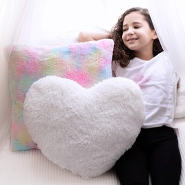 PERFECTTO Set of 2 Decorative Throw Pillows for Girls. White Fluffy Heart and Soft Rainbow Pillow. Plush Pillows for Kid’s Bedroom Décor Toddlers Princess Room, Fun and Cozy for Teepee Tent