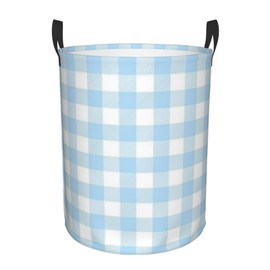 Blue and White Checkered Large Laundry Basket,Collapsible Laundry Hamper With Handle Room Decor,Round Waterproof Dirty Clothes Hamper Toy Organizer Storage Basket Gift for Home Bedroom Bathroom Decor