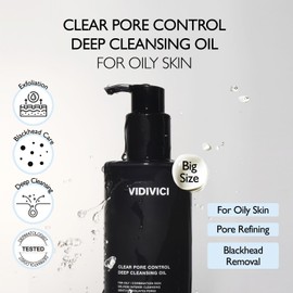 VIDIVICI Clear Pore Control Deep Cleansing Oil 10.14 fl.oz | Makeup remover with blackhead care, Korean facial cleanser for oily skin, Sebum control with Bamboo Charcoal Powder, Korean skin care