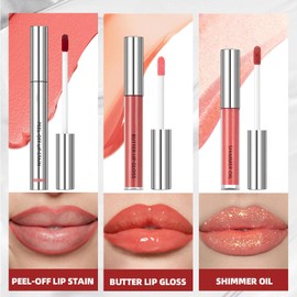 Peel Off Lip Liner Stain Tattoo, Tattoo Lip Liner + Lip Gloss + Pearlescent Lip Oil Combo, Long Lasting Waterproof Lip Stain Peel off, Non-Stick Cup Nourishing Lip Gloss Set Lipstick Makeup (#01)