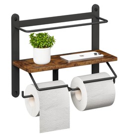 Homeiju Double Toilet Paper Holder with Shelf, Wooden Wall-Mounted Toilet Paper Roll Holder, Wall-Mounted Bathroom Organizer, Double Roll, Suitable for Bathrooms (Rustic Brown)