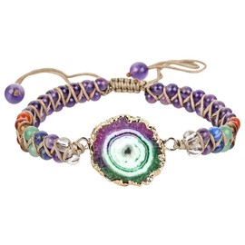 Nupuyai Amethyst 7 Chakra Crystal Stone Bracelet for Women, Adjustable Double Layer Crystal Beads Bracelet with Druzy Geode Slice Charm