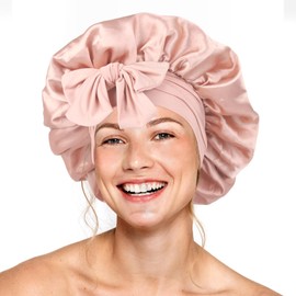 Silk Bonnet for Sleeping Women Double Layer Satin Bonnet Hair Bonnet with Elastic Tie Band Adjustable Bonnet for Curly Hair（Champagne）