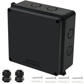 Otdorpatio Junction Box, IP65 Waterproof Dustproof Electrical Box ABS Project Case with 2 M24 Cable Glands - Outdoor Enclosure for Electronics Black 5.9" x 5.9" x 2.8"