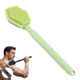 Limpiador de espalda de silicona para ducha，Cepillo de ducha extensible con mango largo，Cerdas de Silicona Suaves，Cepillo de espalda de doble cara con agarre antideslizante, limpieza suave (green)
