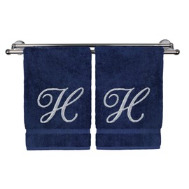 BC BARE Cotton - Toalla de mano con monograma, color azul marino, 16 x 30 pulgadas, juego de 2, extra absorbente, 100% algodón turco, acabado de rizo suave, para baño, cocina y spa