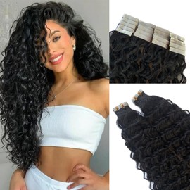 Water Wave Tape in Hair Extensions 100% Real Human Hair 20Inch Nature Black Loose Curly Tape in Extensions for Black Women 40PCS 100G/Set Skin Weft Adhesive #1B