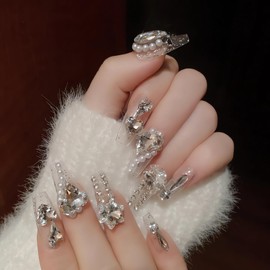 IMSOHOT Long Coffin Press on Nails Clear Heart Rhinestone Fake Nails with Designs White Glitter Luxury Ballerina False Nails Glue on Nails Glossy Full Cover Acrylic Nails for Women 24Pcs