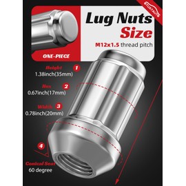 OTUAYAUTO M12x1.5 Lug Nuts - 20PCS Chrome 12mmx1.5 Spline Lug Nut with Socket Key, 12x1.5 Wheel Lug Nuts, Cone Seat, 17mm Hex, Replacement for Chevy Ford Honda Acura Aftermarket Wheels