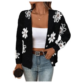 SHENHE Women's Floral Cardigan Sweater Open Front Long Sleeve Button Down Knit Sweater Outerwear Black Medium