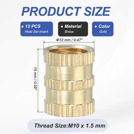 PATIKIL M10 Threaded Inserts, 12 Pcs Female Metric Brass Knurled Nuts Heat Set Insert for Plastic 3D Printing Components (M10x15x12mm)