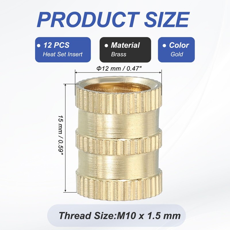 PATIKIL M10 Threaded Inserts, 12 Pcs Female Metric Brass Knurled