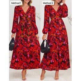ZESICA Fall Floral Dresses for Women 2025 Elegant Long Sleeve V Neck Mesh Cocktail Wedding Party Maxi Dress Red L