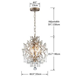 AGV LIGHTING Crystal Chandeliers, Modern Style Pendant Light Fixture with 1-E26-Light Socket, Perfect for Living Space, D13 x H16, Adjustable Chains 59", Brass Finish